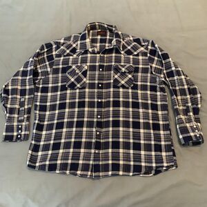 Plains Western Wear Shirt Mens 2XL Blue White Plaid Button Up Long Sleeve Yoke